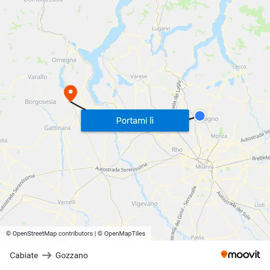 Cabiate to Gozzano map