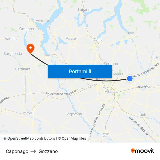 Caponago to Gozzano map