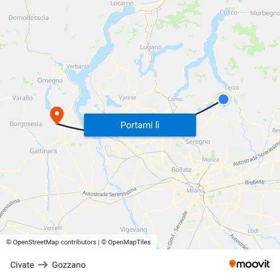 Civate to Gozzano map