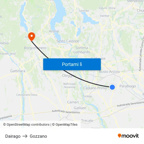 Dairago to Gozzano map