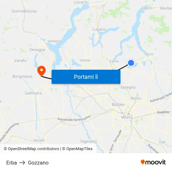 Erba to Gozzano map
