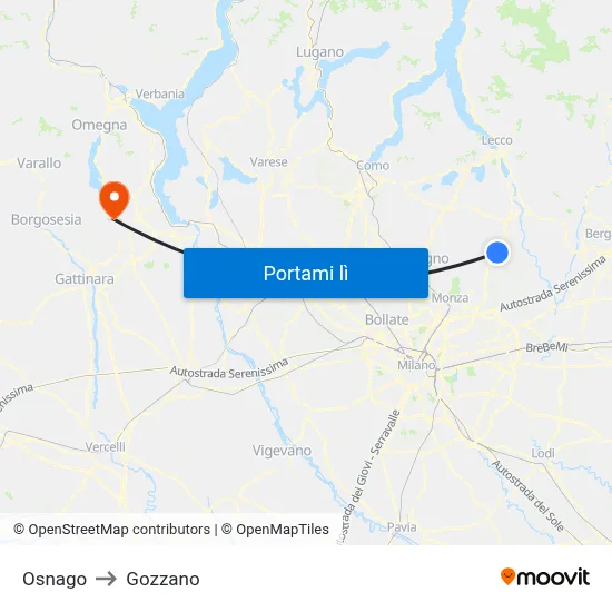 Osnago to Gozzano map