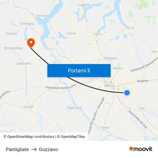 Pantigliate to Gozzano map