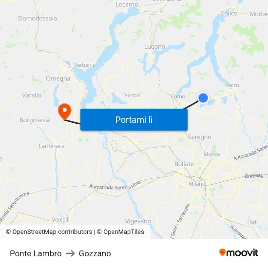 Ponte Lambro to Gozzano map