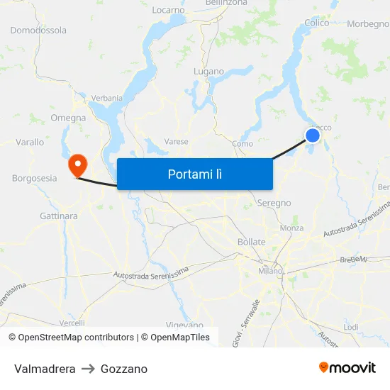 Valmadrera to Gozzano map