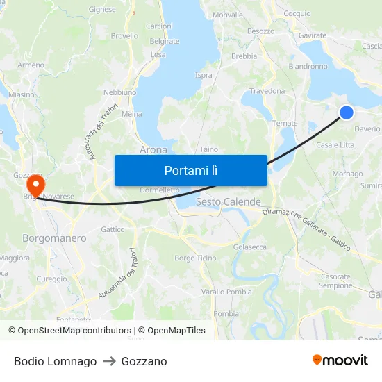Bodio Lomnago to Gozzano map