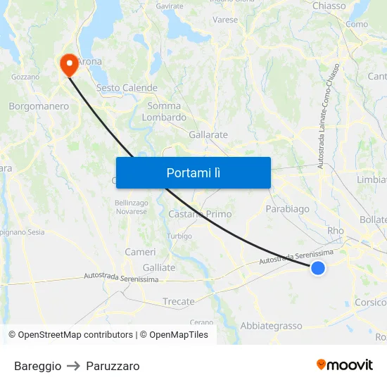 Bareggio to Paruzzaro map