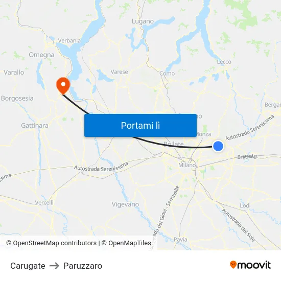 Carugate to Paruzzaro map