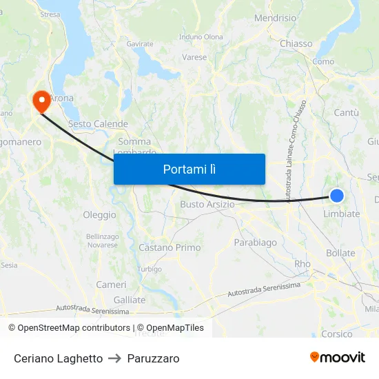 Ceriano Laghetto to Paruzzaro map
