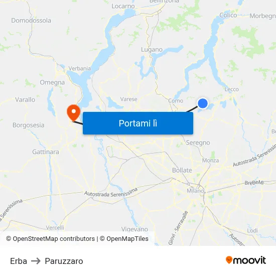 Erba to Paruzzaro map
