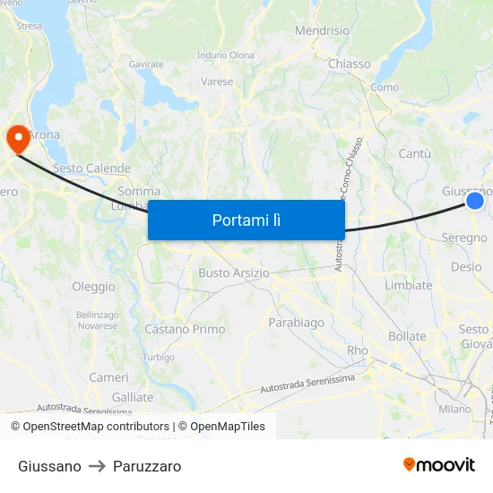 Giussano to Paruzzaro map