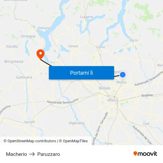Macherio to Paruzzaro map