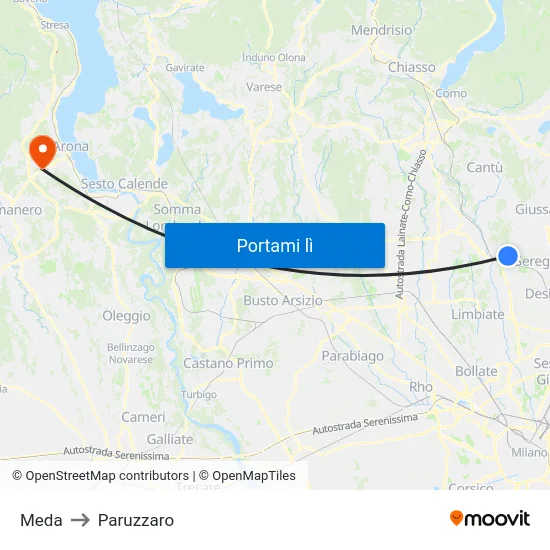 Meda to Paruzzaro map
