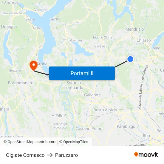 Olgiate Comasco to Paruzzaro map