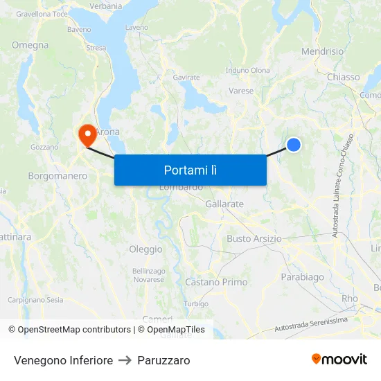 Venegono Inferiore to Paruzzaro map