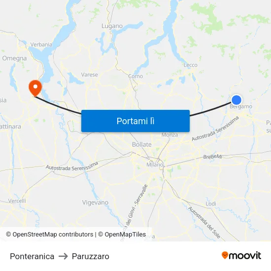 Ponteranica to Paruzzaro map