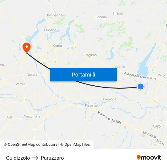 Guidizzolo to Paruzzaro map