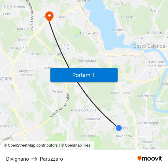 Divignano to Paruzzaro map