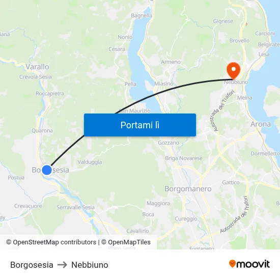 Borgosesia to Nebbiuno map
