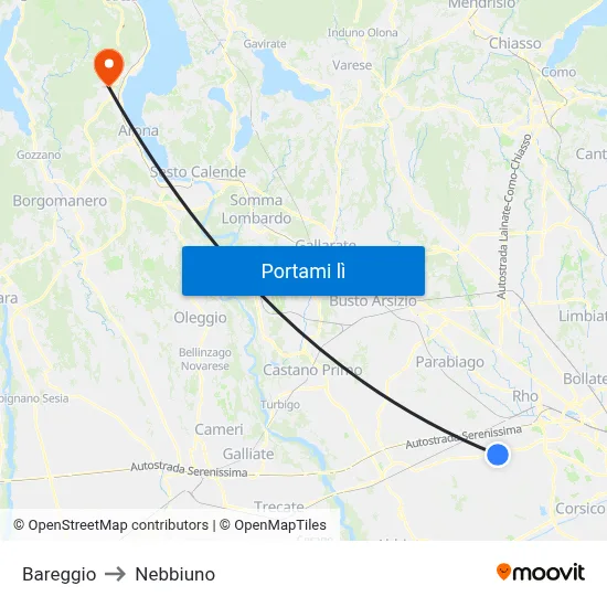 Bareggio to Nebbiuno map