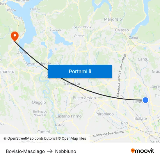 Bovisio-Masciago to Nebbiuno map