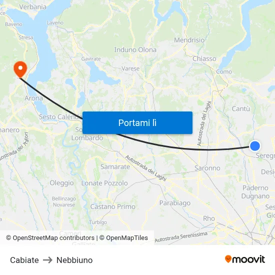 Cabiate to Nebbiuno map
