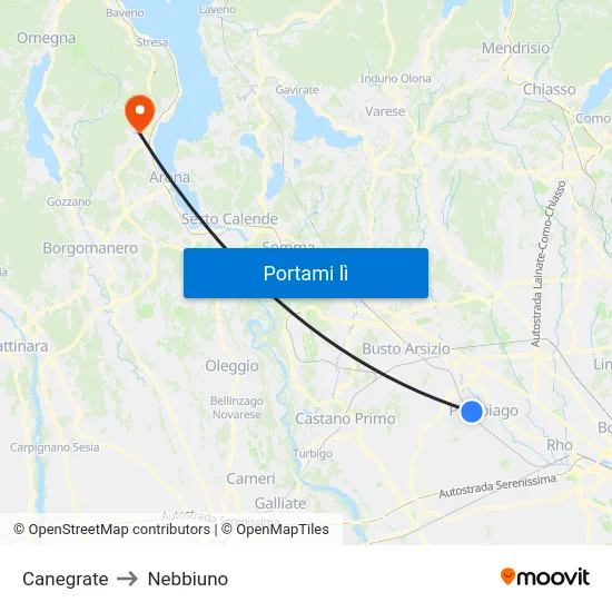 Canegrate to Nebbiuno map