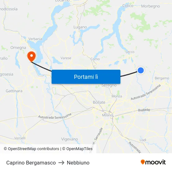 Caprino Bergamasco to Nebbiuno map