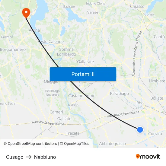 Cusago to Nebbiuno map