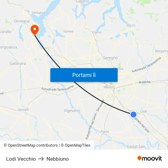 Lodi Vecchio to Nebbiuno map
