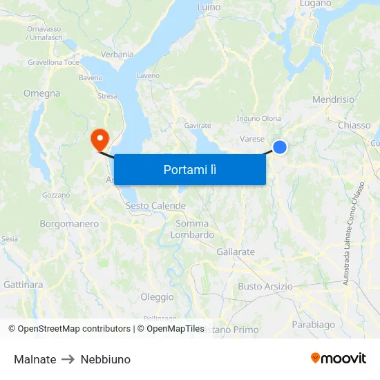 Malnate to Nebbiuno map