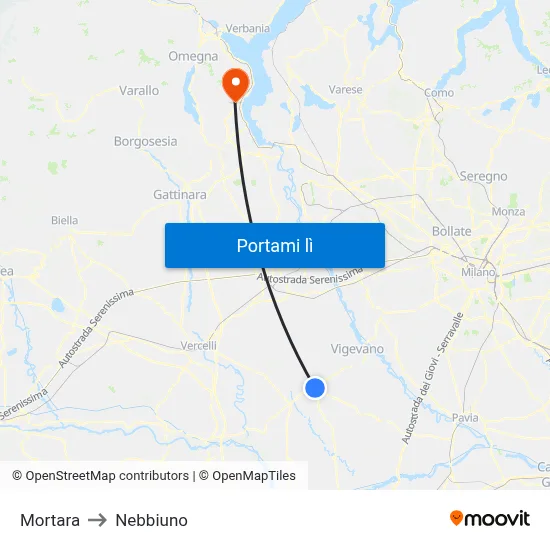 Mortara to Nebbiuno map