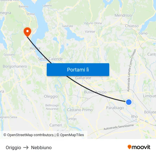 Origgio to Nebbiuno map