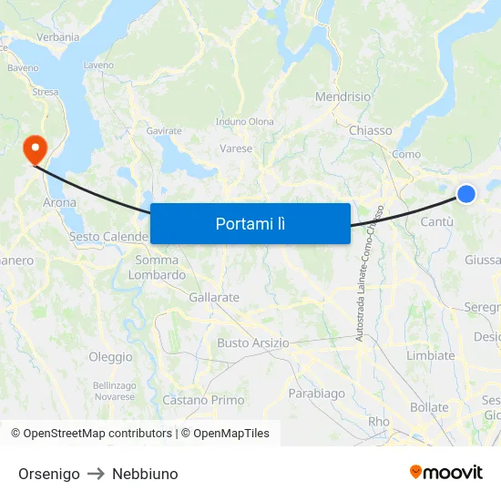 Orsenigo to Nebbiuno map