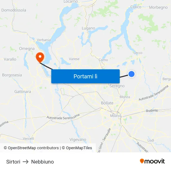 Sirtori to Nebbiuno map