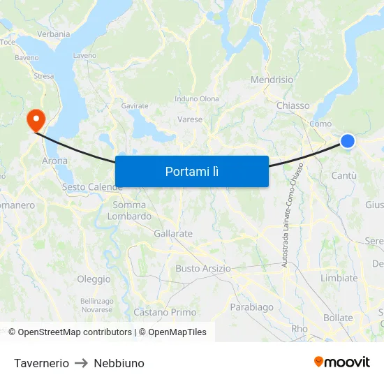 Tavernerio to Nebbiuno map