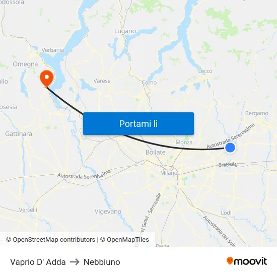 Vaprio D' Adda to Nebbiuno map