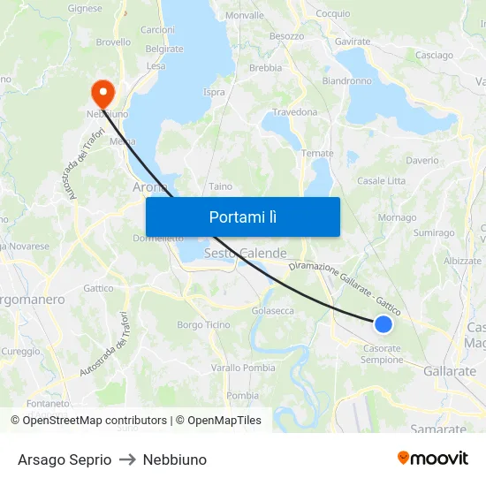 Arsago Seprio to Nebbiuno map