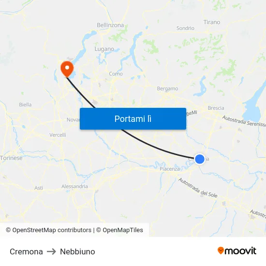 Cremona to Nebbiuno map