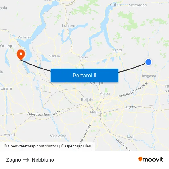 Zogno to Nebbiuno map