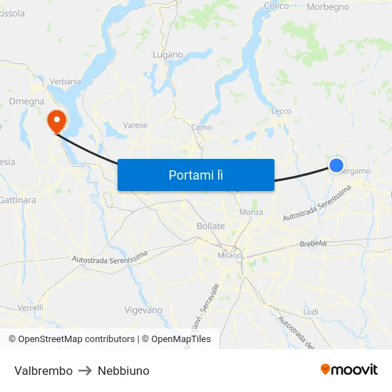Valbrembo to Nebbiuno map