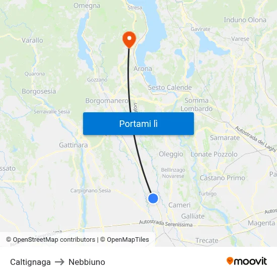 Caltignaga to Nebbiuno map