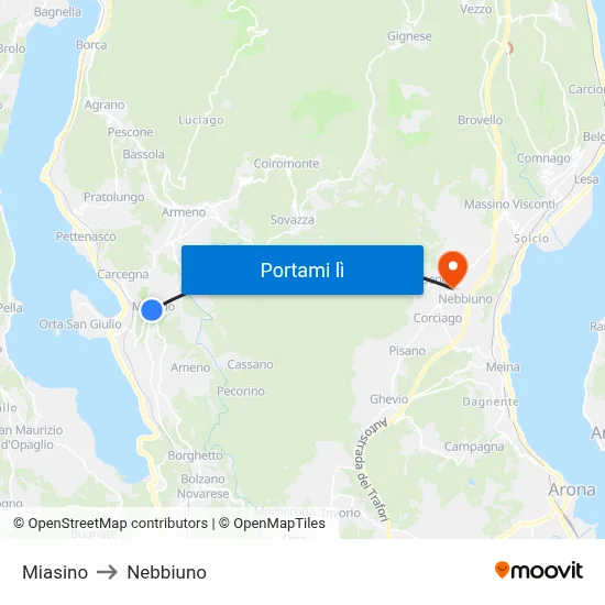 Miasino to Nebbiuno map