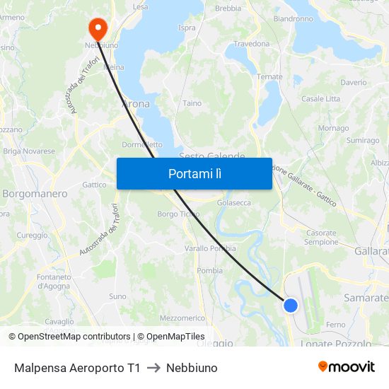 Malpensa Aeroporto T1 to Nebbiuno map