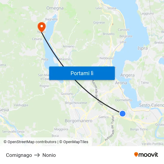 Comignago to Nonio map