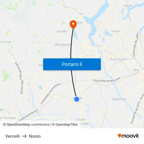 Vercelli to Nonio map