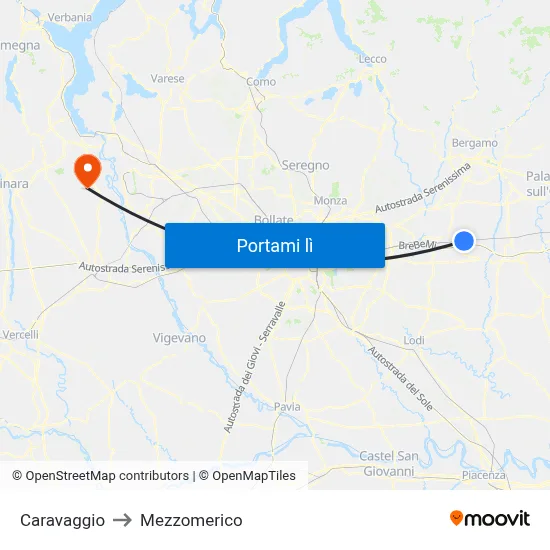 Caravaggio to Mezzomerico map