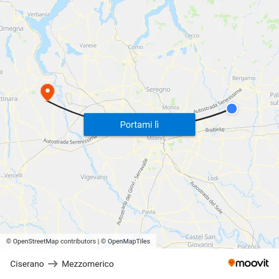 Ciserano to Mezzomerico map