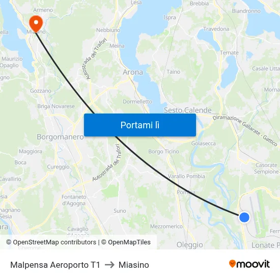 Malpensa Aeroporto T1 to Miasino map