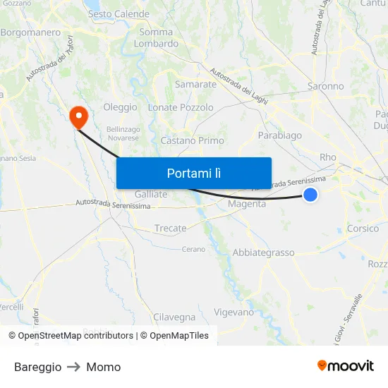Bareggio to Momo map
